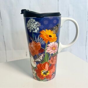 Evergreen Hand painted Blue and Floral Travel Mug